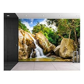 Serene Rocky Waterfall Surrounded by Trees - Wall Mural, Removable Sticker, Home Decor - 66x96 inches