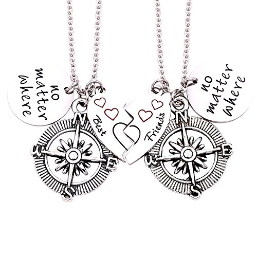 O.RIYA Best Friends No Matter Where Compass Necklaces Bracelet Set Heart, Best Friend Necklaces 2 Piece for Teens Half Broken Heart Necklace Bracelet,Two Piece Double Necklace BraceletSet (3 Piece Best Friend Bracelets)