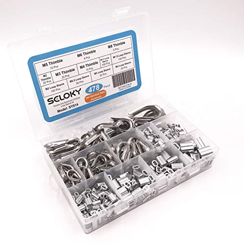 Seloky 478 Pcs M2/3/4/5/6/8 304 Stainless Steel Wire Rope Cable Thimbles and 6 Sizes Aluminum Crimping Loop Sleeve Assortment Kit