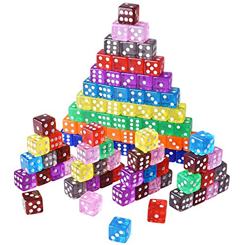Austor 100 Pieces 6-Sided Game Dice Set (Free Pouch), 10 Translucent Colors Square Corner Dice for Tenzi, Farkle, Yahtzee, Bunco or Teaching Math