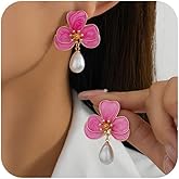 Flower Earrings for Women Pearl Statement Drop Dangle Earrings Pink Blue Orange Flower Stud Earrings Wedding Party Statement Floral Jewelry