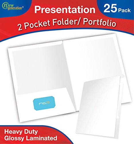 New Generation - WHITE - 2 Pocket Folder , Durable Heavy Duty UV Glossy Laminated, Letter Size Business Presentation Portfolio with a die-cut business card holder, Bulk 25 Folders Pack (WHITE)