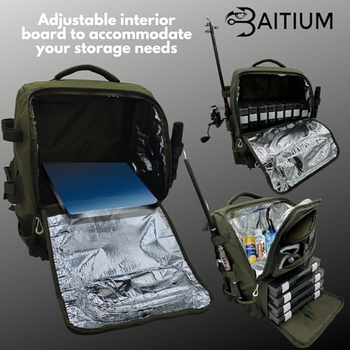 Baitium Fishing Backpack, Tackle Bag With Rod Holders, 40L Capacity With Cooler, Rain Cover, Insulated Pocket, 4 Tackle Trays Included (Green)