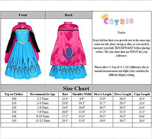 Cotrio Elsa Coronation Dress with Cape Tiara Gloves Girls Birthday Party Princess Dresses Toddler Kids Halloween Costumes Accessories Outfits Size 10 (9-10 Years, Blue, 140)