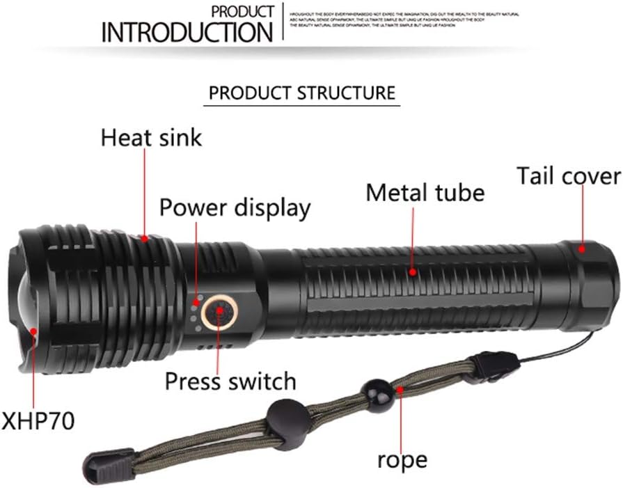 BESTSUN CREE XHP70.2 Flashlight Rechargeable, 10000 Lumen Super Power LED Tactical Flashlight Zoomable 5 Modes Bright Flashlight Torch with Power Display for Camping Hiking (Batteries Include) - - 