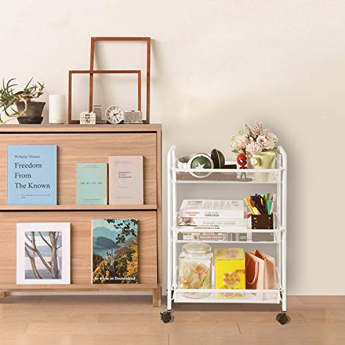 DESIGNA Rolling Household Trolley Cart, 3 Tier Slim Mesh Wire Utility Carts with Easy Moving Wheels, Steel Wire Shelves Storage Cart for Home Kitchen Bathroom Multi-Function, White
