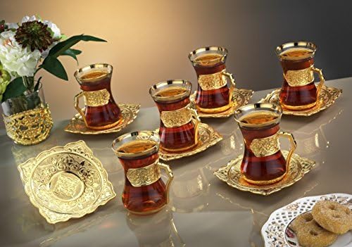 Premium Gold plated Tea Set for 6 - Made in Turkey - 18 pieced set, Gold