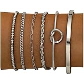 Tornito 6Pcs Gold Bracelets 14K Gold Plated Stainless Steel Link Chain Bracelet Waterproof Stackable Cuban Paperclip Bead Rope Love Knot Cuff Bracelets for Women 6.5 Inches Silver Gold Tone Adjustable