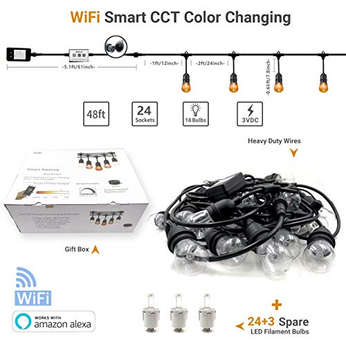 FOXLUX Outdoor String Lights - 48FT Dimmable Smart Outdoor Lights, S14 Plastic Shatterproof and Waterproof LED Lighting, 24 Hanging Sockets, WiFi Control(iOS & Android), Compatible with Amazon Alexa