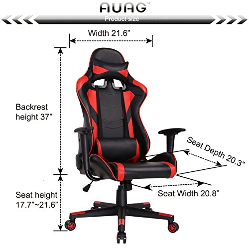 AuAg Ergonomic Gaming Chair Racing Style Adjustable High-Back PU Leather Office Chair Computer Desk Chair Executive Ergonomic Style Swivel Video Chair Headrest Lumbar Support (RED) - Thumbnail 5