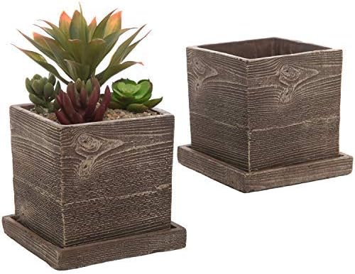 Cement Flower Plant Pot With Drainage Hole&tray, Retro Rustic Small Potted Plants Cactus Succulent Bonsai Container Home Office Desktop Garden Nursery Indoor Decorations Gift Imitation Wood Design
