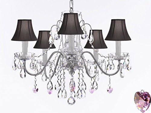 Hamilton Home Daniele Collection Chrome Finish Crystal Chandelier Lighting Chandliers with Pink Crystal Hearts and Black Shades - Good for Dining Room, Foyer, Entryway