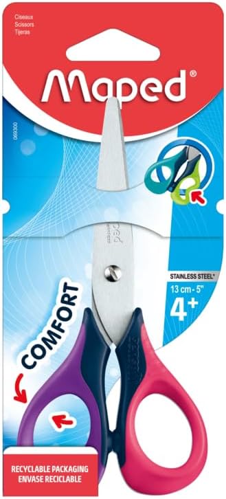 Tijeras Escolares para Niños Maped, Sensoft 13 cm Diseño Ergonómico para Agarre Fácil, Aros Suaves y Seguros Cuchillas de Acero Inoxidable Modelos Surtidos Ideal para Manualidades y Uso Escolar
