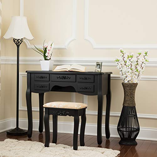Fineboard FB-VT03-BKV Stool & Mirror Makeup 7 Organization Drawers Single Oval Mirror Make Up Vanity Table Set, Black