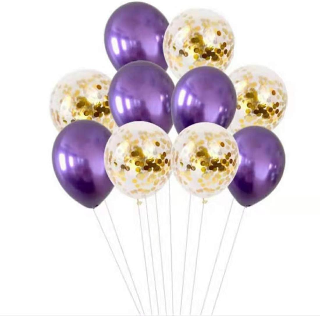 SYNUO 10pcs12"Sequined Metal Combination Latex Balloon, Set Contains 5 Gold Sequin Balloons and 5 Purple Chrome Balloons, Suitable for Birthday Wedding Parties, Baby Shower, Etc.(Purple)