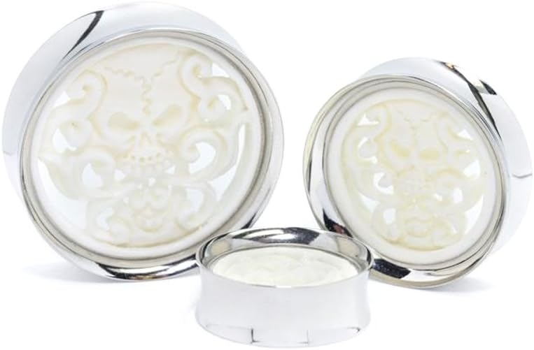 Stainless Steel Ear Plug – Doubled Flared Gauges with Skull Bone Inlay