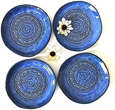 Hand shaped Dessert Plates set in Aztec Blue - Handmade Ceramic Plates Set of 4 - Stoneware Dessert plates -Organic Shape Side Plates in Aztec Blue