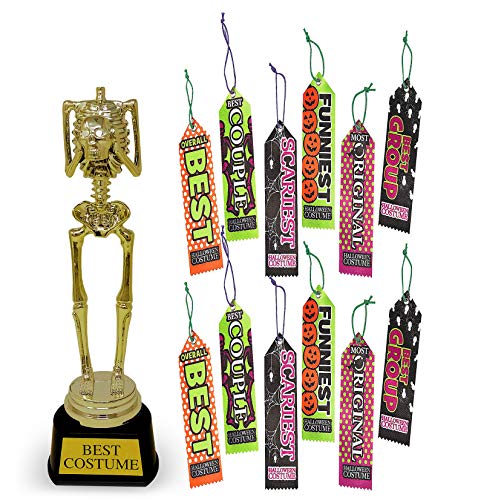 12 Halloween Party Costume Contest Award Prize Ribbons and 1 Best Costume Skeleton Plastic Gold Trophy 9 1/2 x 3 Inches, For Halloween party awards By 4E's Novelty - Thumbnail 2