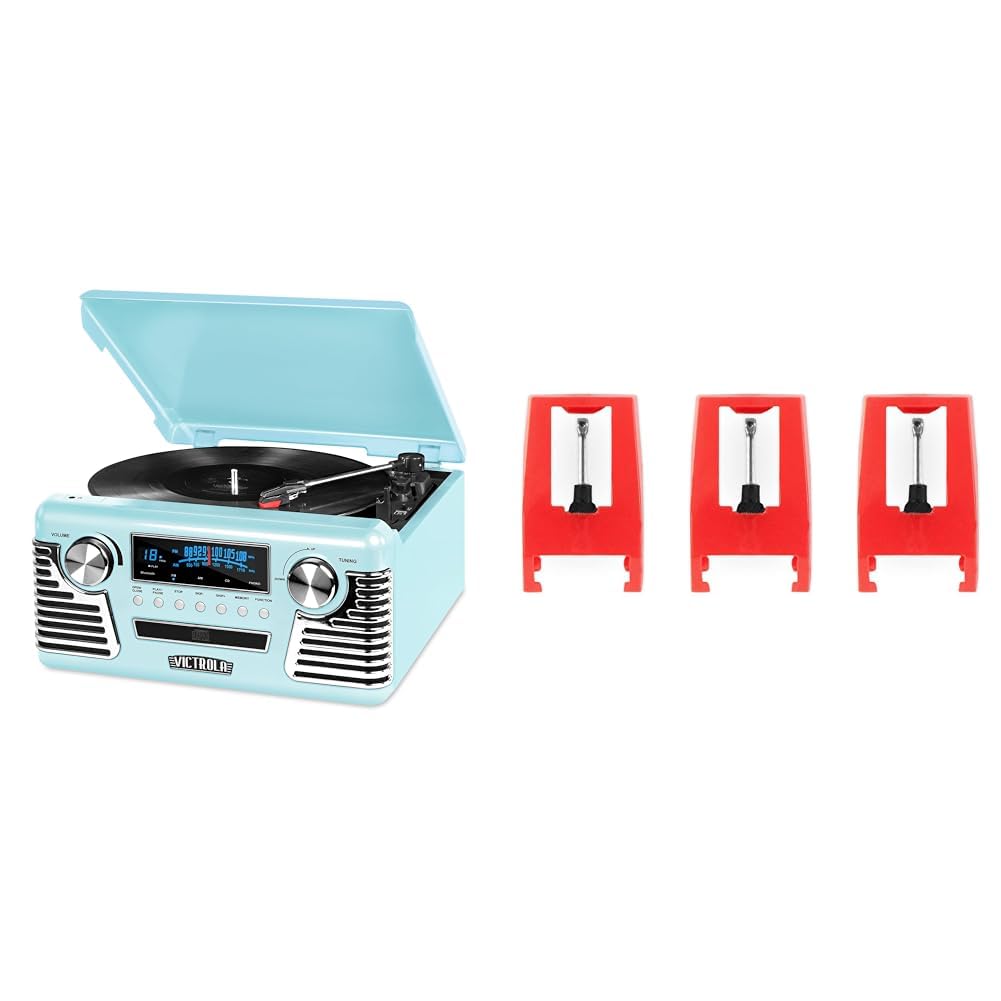 Victrola 50's Retro Bluetooth 3-Speed Turntable, CD Player, AM/FM Radio Bundle with 3 Pack Replacement Needles Image