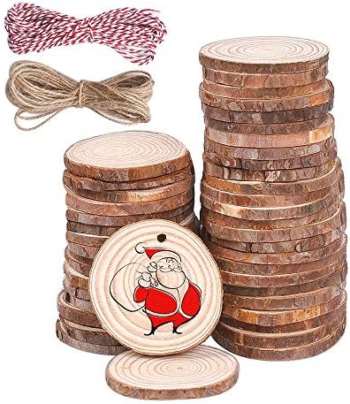 OBNZ Unfinished Predrilled Wood Slices 50 Pcs 2"- 2.5" with 66 Feet Twine String Natural Wood Rounds Craft Wood kit for Arts Christmas Ornaments DIY Party Wedding Decoration