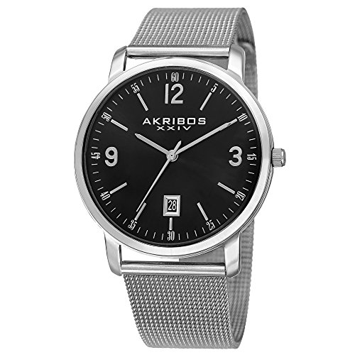Akribos XXIV Omni Mens Casual Watch - Sunburst Effect Dial - Quartz Movement - Stainless Steel Mesh Strap - Black Silver
