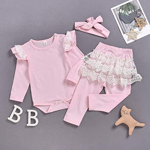 Little Story Children's Long-Sleeved Frill Hakama + lace Trousers + Headband Three-Piece suitInfant Baby Kids Girls Lace Pink