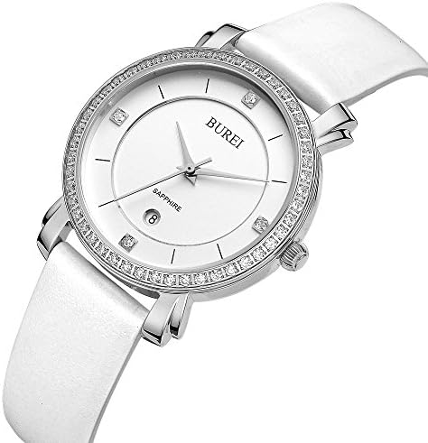 BUREI Womens Business Dress Quartz Watches with Simple Face Date Sapphire Crystal Leather Strap