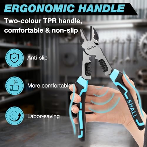 SHALL 3 in 1 Diagonal Cutting Pliers with Wire Stripper, 8 Inch Heavy Duty Chrome Vanadium Cable Cutters for Electricians to Cut, Crimp and Strip.