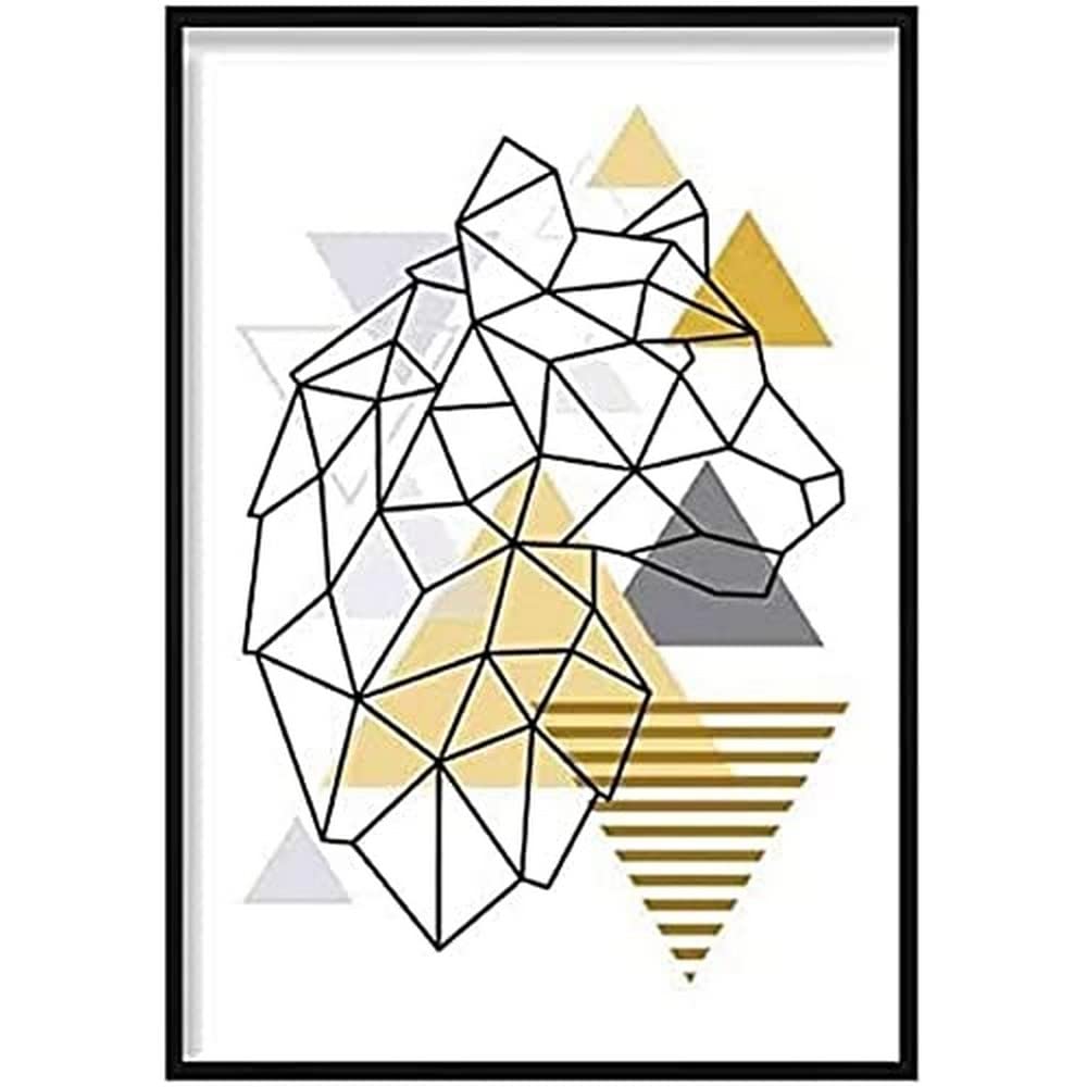 Artze Wall Art Tiger Head Looking Right Abstract Geometric Scandinavian Poster, 50 cm Width x 70 cm Height, Yellow/Grey