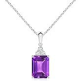 Angara Emerald-Cut Amethyst Necklace with Diamond Trio in Sterling Silver/14K Solid Gold/Platinum | Natural Amethyst Solitaire Pendant for Women | February Birthday, Purple Gemstone Jewelry Gift