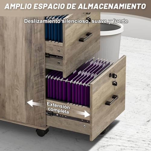 Archivador con 2 Cajones, Archivero con 5 Ruedas para Archivos A4 Tamaño Carta, Archivero Organizador Debajo del Escritorio para Oficina en Casa, Archiveros con Cerradura con Soporte para Impresora