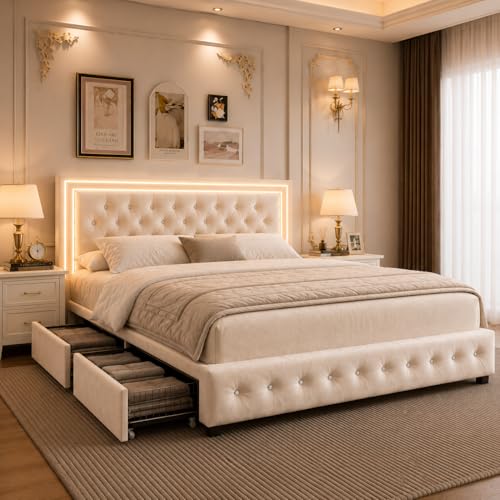 Queeen Bed Frame with 4 Storage Drawers, LED Bed Frame with Remote Control Rhythm Sync Light, Adjustable Diamond Tufted Headboard, No Box Spring Needed, Velvet Cream