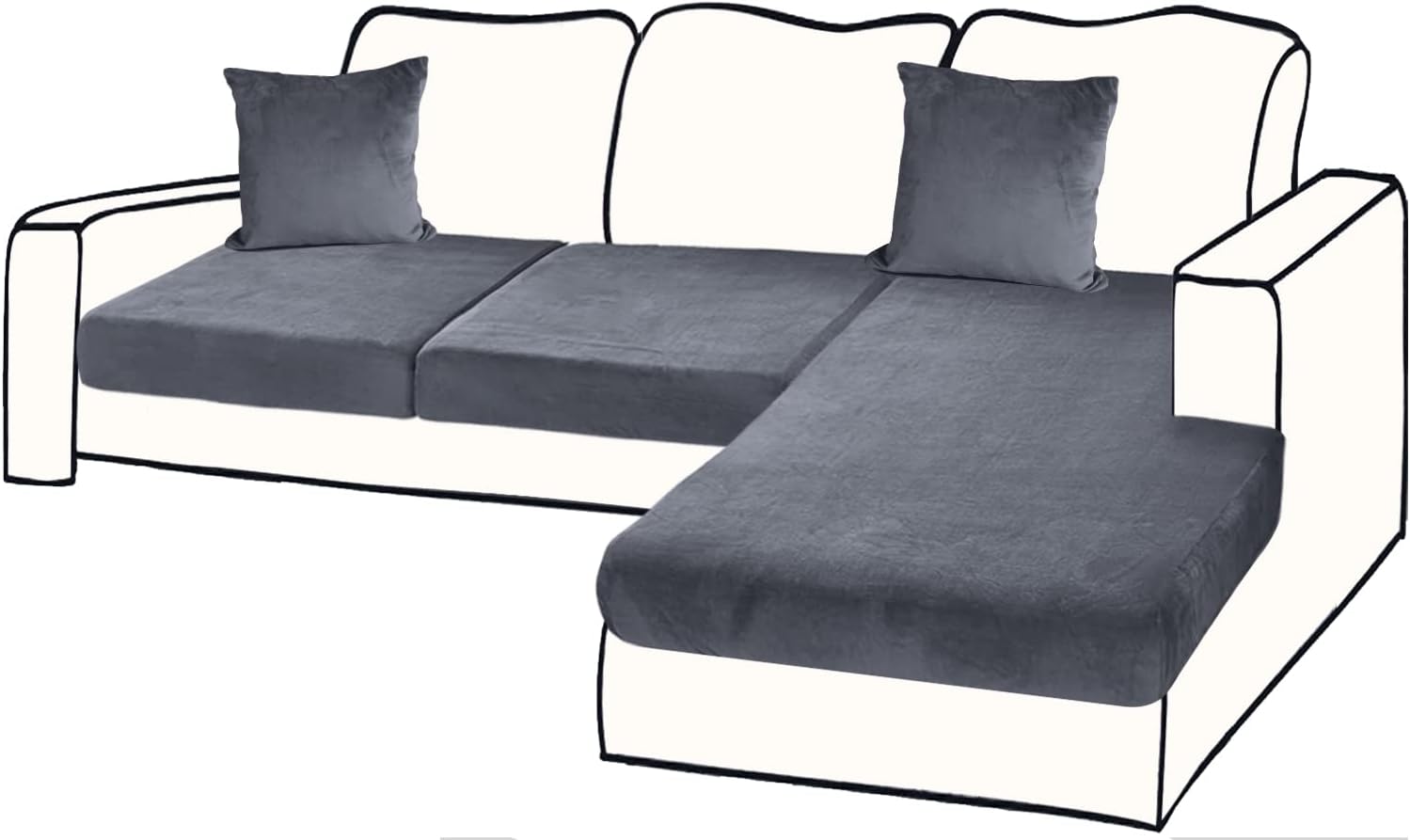 Slipcovers - BT.WA Sectional Couch Covers for 3-Piece Seat Cushion Velvet Sofa Cushion Cover L Shape Separated Couch Slipcover with 2 Pcs Pillowcases Furniture Protector (2 Seater + 1 Chaise, Dark Grey)