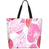 bositigo Pink Tote Bags for Women, Cute Pink Heart Print Purse, Reusable Shopping Handbags, Casual Travel Work Daily Waterproof Summer Grocery Shoulder Bag Holiday Gifts -Large