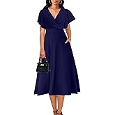 ZonJie Summer Casual Dress for Women V Neck Ruffle Short Sleeve A Line Swing Flared Cocktail Party Midi Dress with Pocket