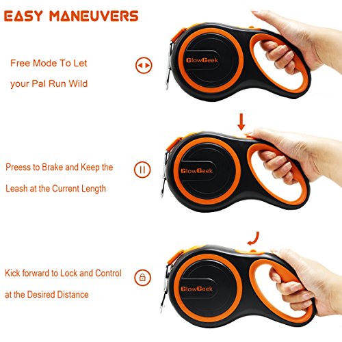 GlowGeek Retractable Dog Leash, 16 ft Dog Walking Leash for Medium Large Dogs up to 110lbs, Tangle Free, One Button Break & Lock , Lifetime Replacement Guarantee. Retracts 0-16ft - Orange