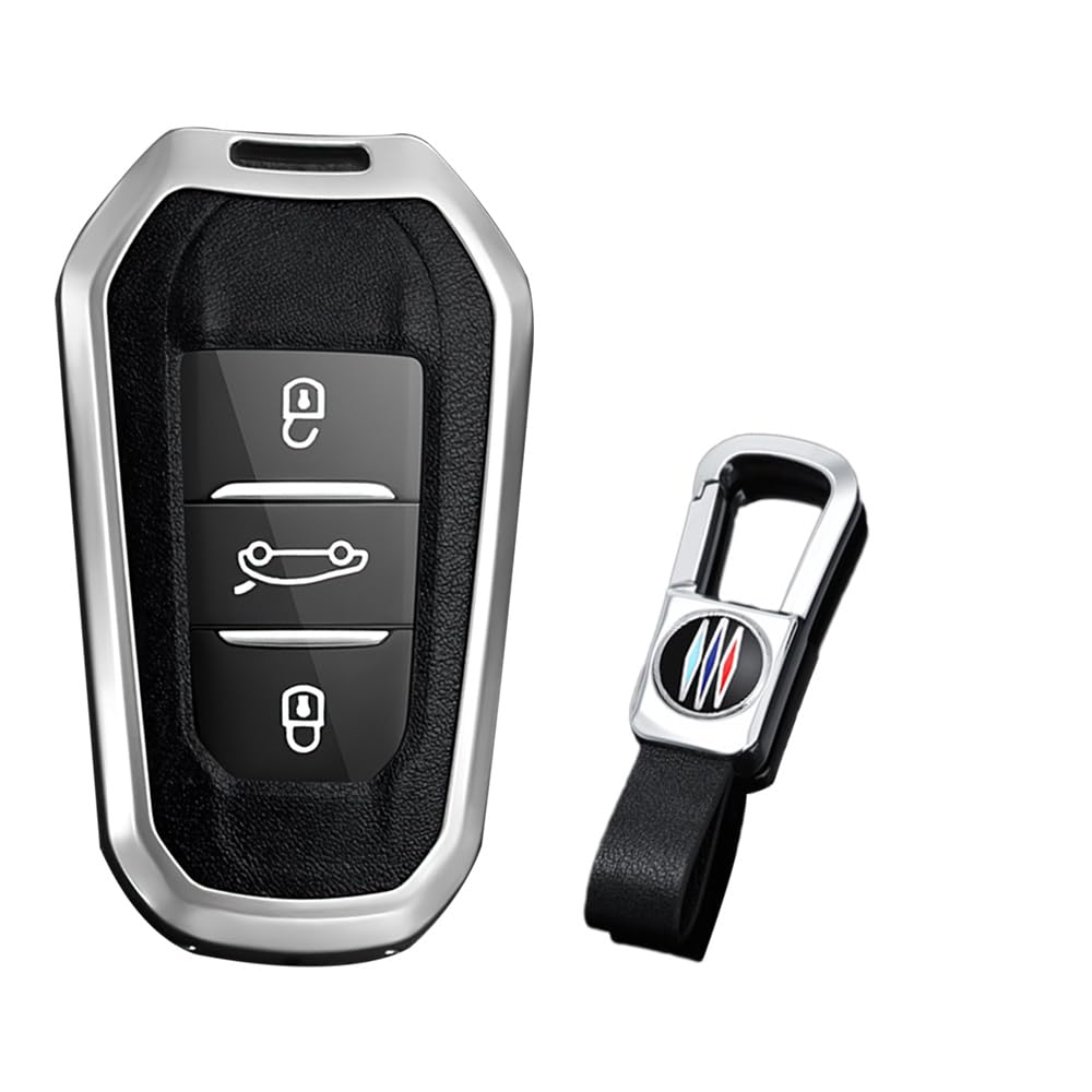 KUNIO Car Key Case Fits Peugeot 3008 5008 2008 308 508 208, Citroen C3 C4 DS5 DS7, Protective Metal Key Case with Key Ring, Silver Black