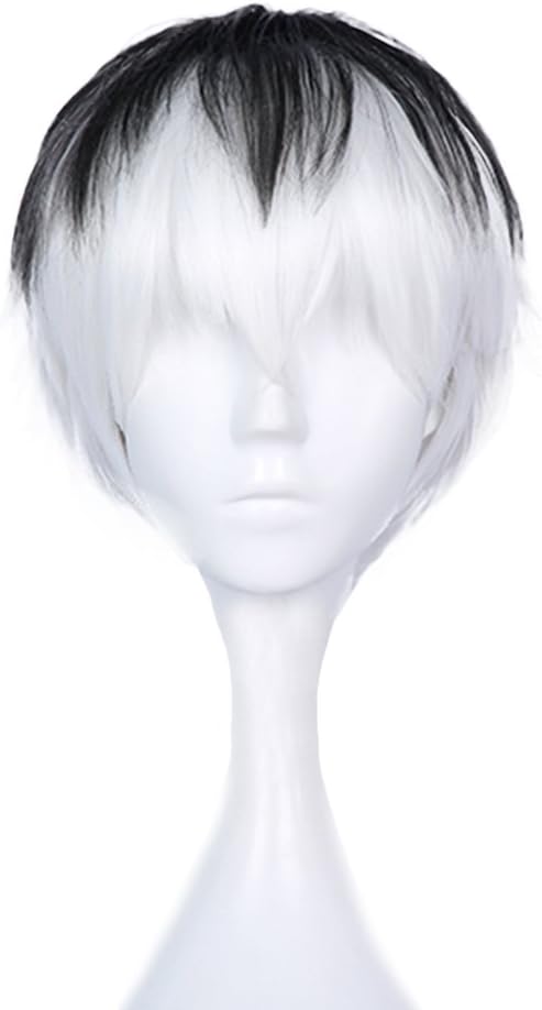 Ghoul Ken Kaneki Cosplay Wig White and Black Short Anime Women Accessory Halloween Costume Prop Mask