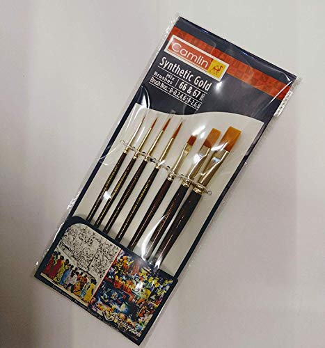 Camlin Kokuyo Paint Brush Series 67 &Series 66- Round&Flat Synthetic Gold, Set of 7 by Anmol Art & Frames