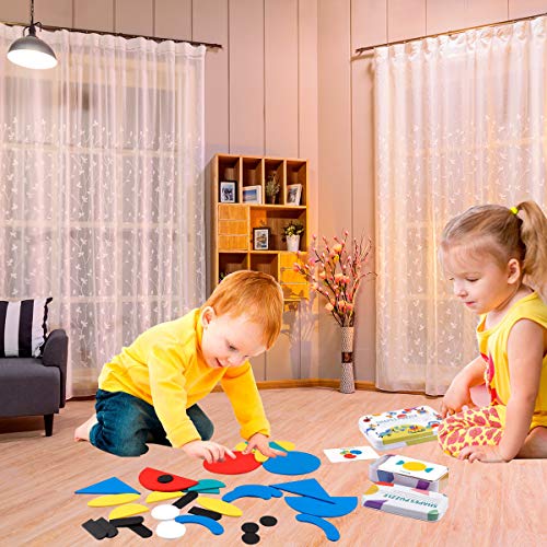 Wooden Pattern Blocks Animals Jigsaw Puzzle Sorting and Stacking Games Montessori Educational Fun Shape Tangram Toys for Toddlers Kids Boys Girls Gifts (36 Shape Pieces& 60 Design Cards in Iron Box)