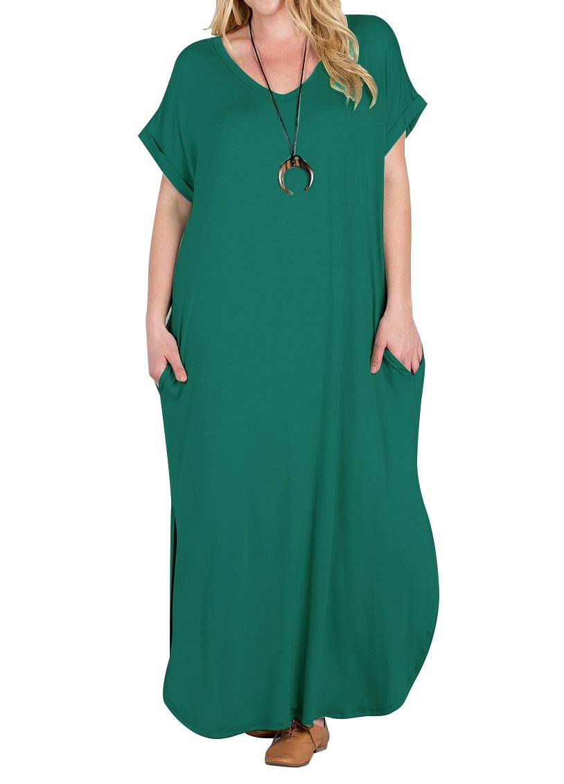 Women\'s Casual Loose Long Dress Short Sleeve Spaghetti Strap Cold Shoulder Split Maxi Dresses with Pocket (7018-Green, Large)