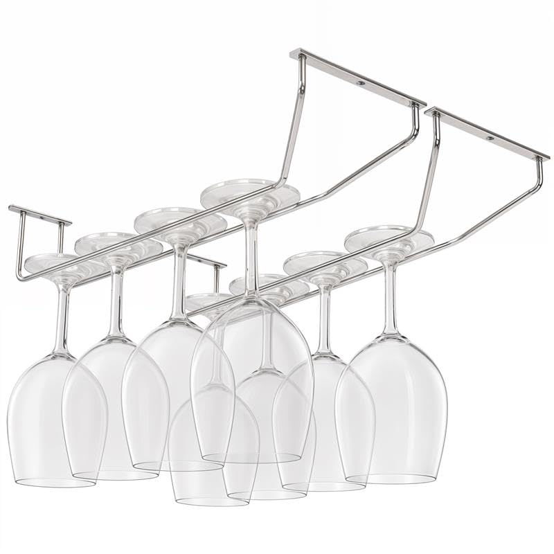 BELLE VOUS 4 Pack Chrome Steel Under Cabinet Wine Glass Holder Rack With Screws & Wall Plugs - 34 x 11cm/13.38 x 4.33 inches - Stemware Hanger for Glasses - Storage For Bar & Kitchen