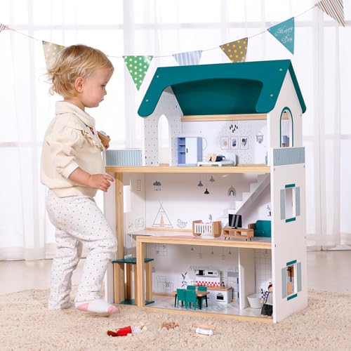 OOOK Wooden Dollhouse with Elevator, Large Doll House for Girls from 3 Years, Includes 21 Furniture, 4 Family Dolls and a Dog