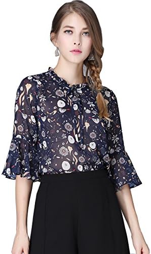 Olisi Women's Chiffon Blouse Floral Loose Bow Tie Top Long Bell Flare Sleeve Blouse (L)