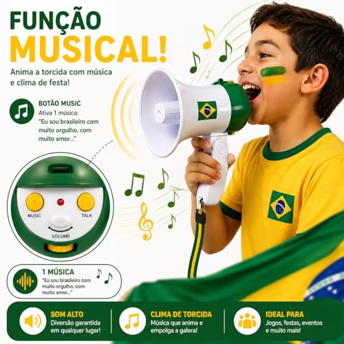 Kit Torcida Copa do Mundo com Mini Megafone + 2 Microfones | Som de Torcida Brasileira + Função Amplificador de Voz | Brinquedo para Festa, Jogos, Copa e Comemorações