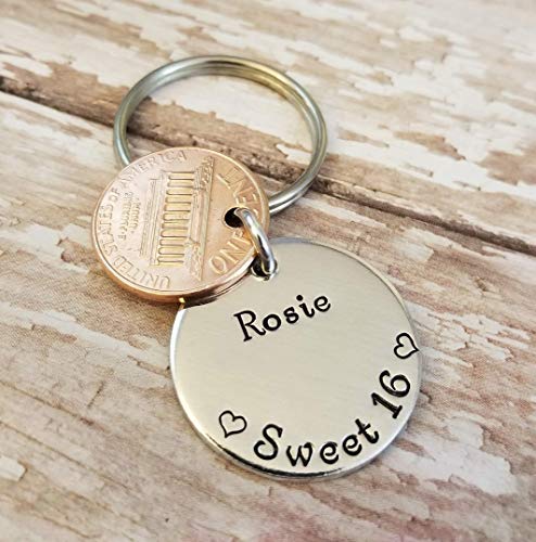 Sweet 16 Happy 16th Birthday Lucky Copper Penny Key Chain for New Driver Gift