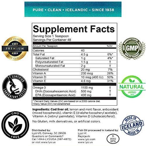 LYSI Cod Liver Oil Lemon Flavor 1100 mg Omega3s Per Serving Pure & Natural Cod Liver Oil