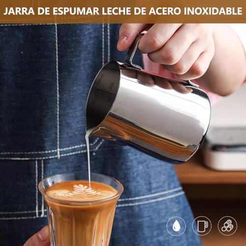MXHIGO Jarra para Espumar Leche con Línea de Escala Interior y Latte Pen, 350ml/12oz Taza Jarra de Vapor Exprés de Acero Inoxidable, Perfecta para Cafetera Espresso, Barista, Latte, Capuchino, Café