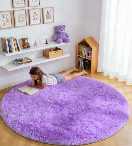 MARATIP Teppich Wohnzimmer Violett Ø 150 cm Flauschig Weich