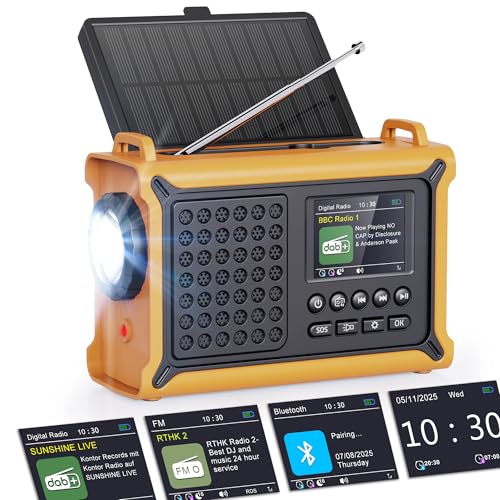 ROCAM DAB+/FM Radio with Bluetooth, 12000 mAh Crank Radio with 8500 mm² Solar Panel & 650 mA Crank, Portable Solar Digital Radio with 2.4 Inch Colour Display, 80 Transmitters, SOS, LED Torch, USB, IPX6 for Outdoor Use